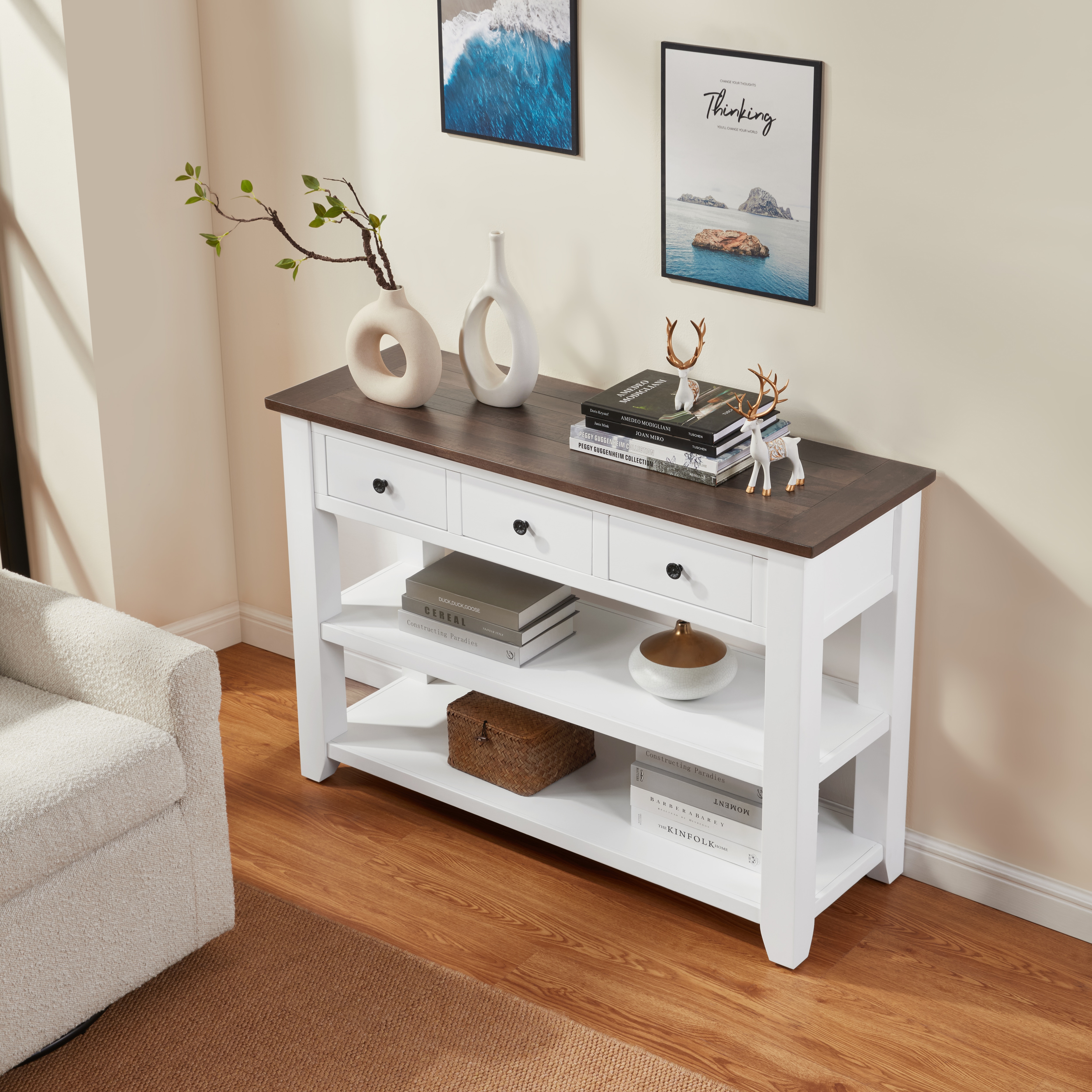 Retro Design Console Table With Two Open Shelves, Pine Solid Wood Frame And Legs For Living Room_voghion.com